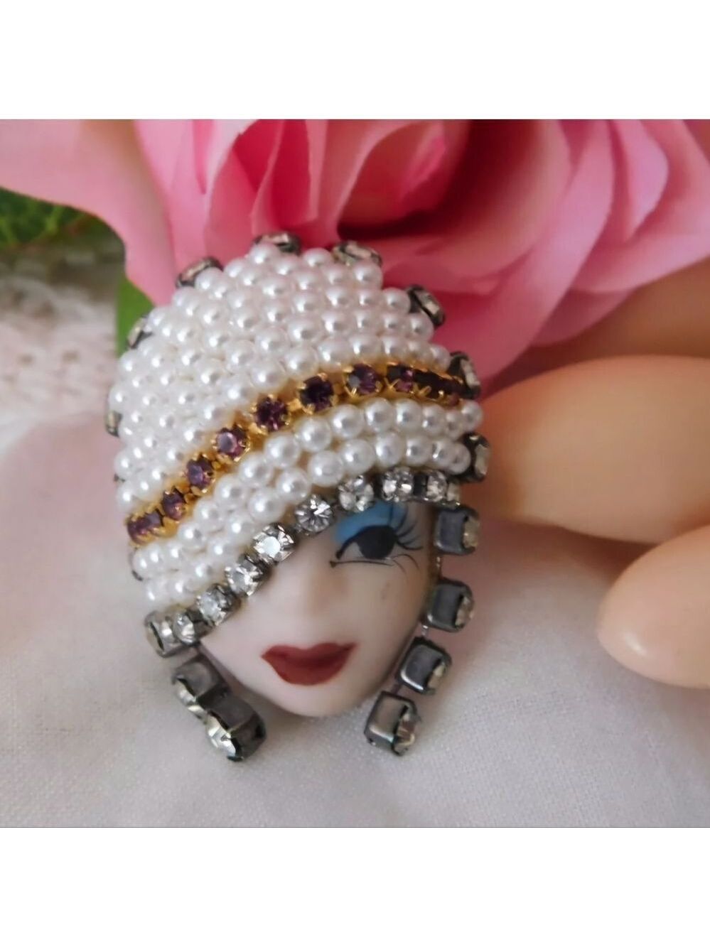 Porcelain Face Vintage Brooch Signed Pin Rhinestones Faux Pearls